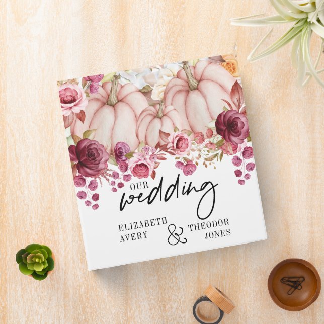 Autumn Wedding Pink Burgundy Pumpkin 3 Ring Binder (In Situ)