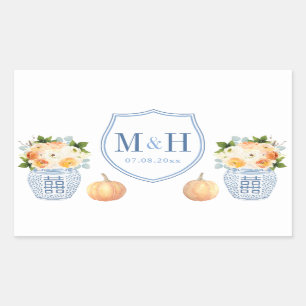 Autumn Wedding Pumpkins Blue And White Crest Favor Rectangular Sticker