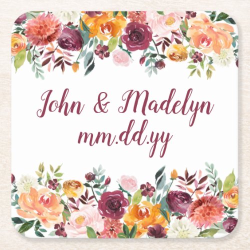 Autumn Wedding Reception Watercolor Personalized Square Paper Coaster