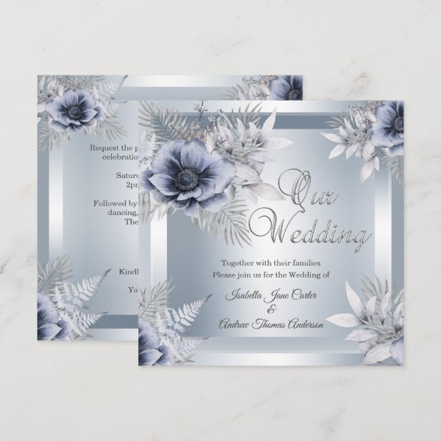 Autumn Wedding Silver Blue Floral Bouquet Invitation (Front/Back)