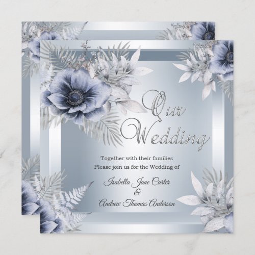 Autumn Wedding Silver Blue Floral Bouquet Invitation
