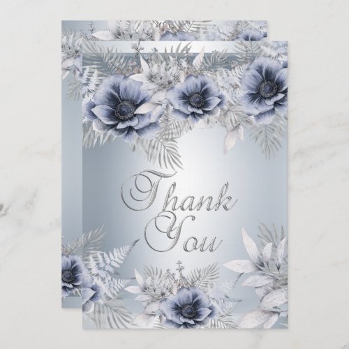Autumn Wedding Silver Blue Floral Bouquet Thank You Card