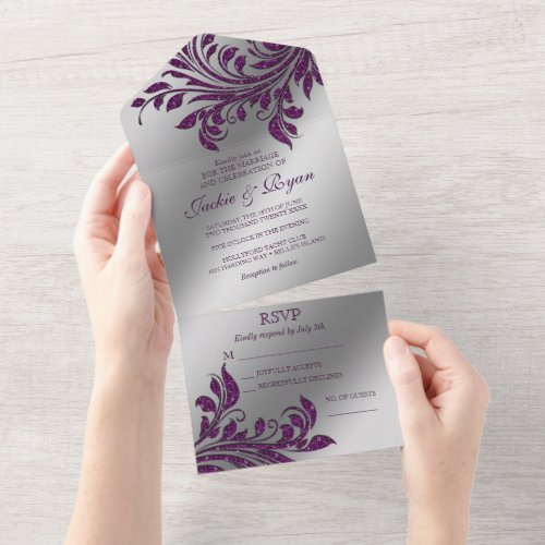 Autumn Wedding Sparkle Leaf Purple Silver All In One Invitation