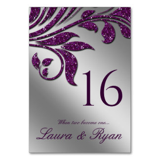 Autumn Wedding Sparkle Leaf Purple Silver Table Number