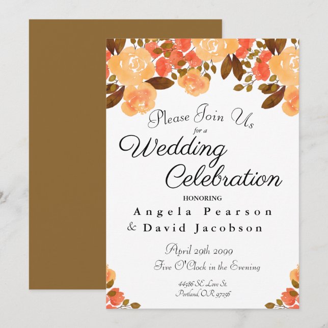 Autumn Wedding Watercolor Flowers Fall Colors Invitation (Front/Back)