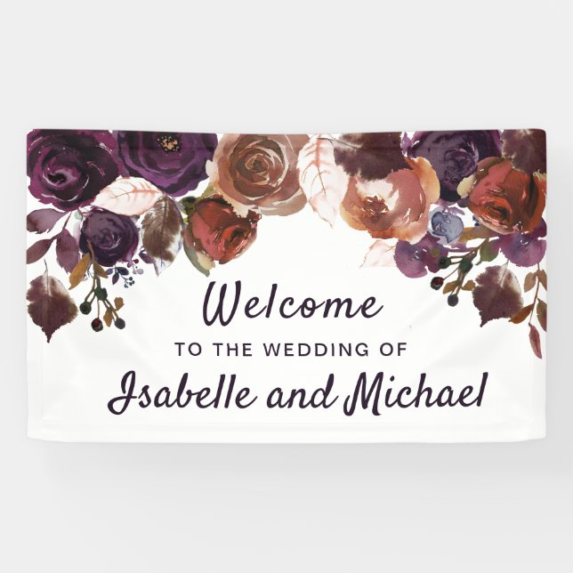 Autumn Wedding Welcome Purple Plum Floral Banner (Horizontal)