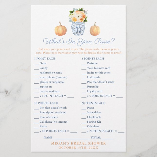 Autumn What's In Your Purse Bridal Shower Game (Front)