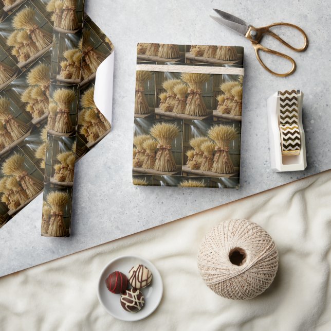 Autumn Wheat Bundles Tied With Plaid Ribbon Wrapping Paper (Crafts)