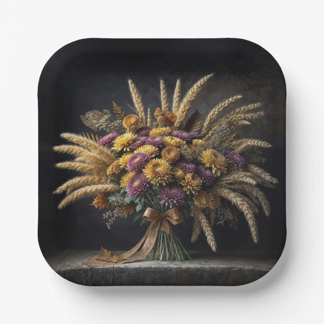 Autumn Wheat Stalks and Mum Bouquet Paper Plates (Front)