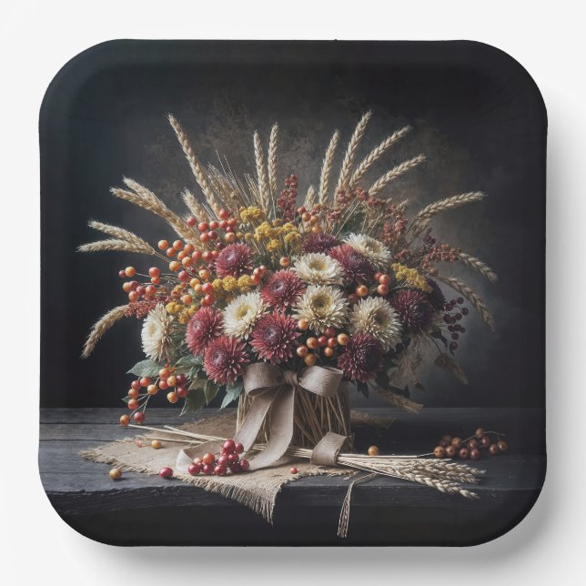 Autumn Wheat Stalks and Mum Bouquet  Paper Plates (Front)