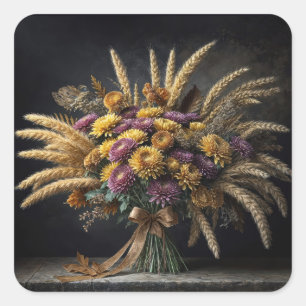 Autumn Wheat Stalks and Mum Bouquet Square Sticker