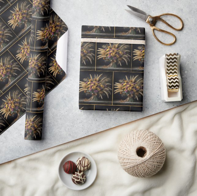 Autumn Wheat Stalks and Mum Bouquet Wrapping Paper (Crafts)