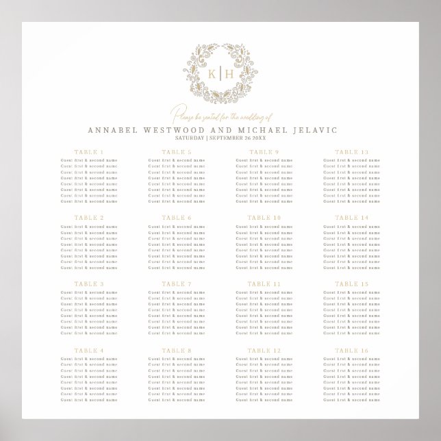 Autumn Wheat Wreath Wedding Seating Plan 16 Table Poster (Front)