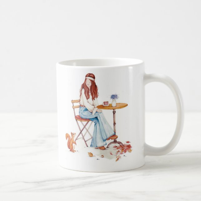 Autumn Whimsy – Girl, Coffee & Curious Squirrel Mu Coffee Mug (Right)