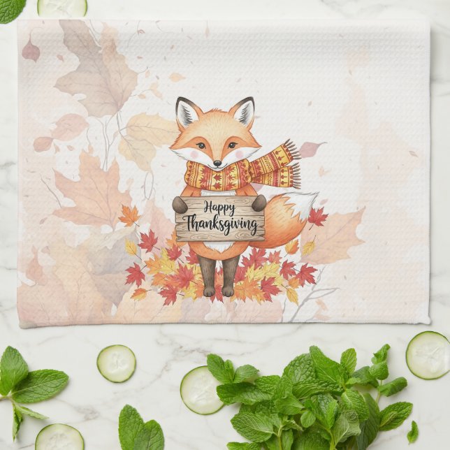 Autumn Whimsy – Thanksgiving Fox with Fall Leaves  Kitchen Towel (Folded)