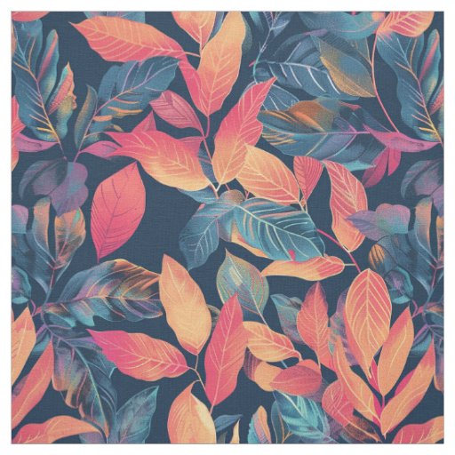 Autumn Whispers: Warm-Toned Leaves on Navy Blue Fabric