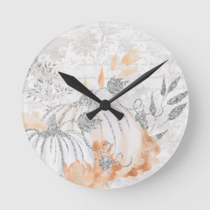 Autumn White And Silver Gray Pumpkins Round Clock