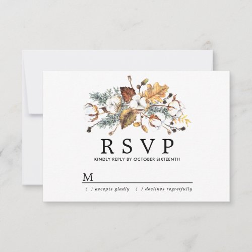 Autumn White Floral Gold Leave Wedding RSVP Card