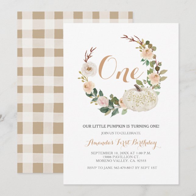 Autumn White Glitter Pumpkin Birthday Invitation (Front/Back)