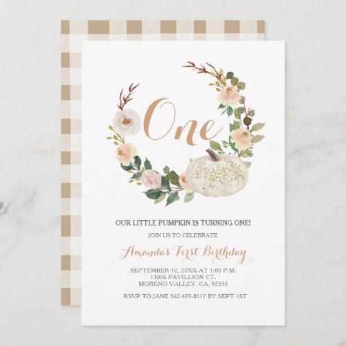 Autumn White Glitter Pumpkin Birthday Invitation