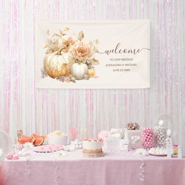Autumn White Gold Glitter Pumpkin Wedding Banner (Party)