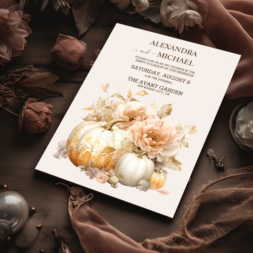 Autumn White Gold Glitter Pumpkin Wedding Invitation