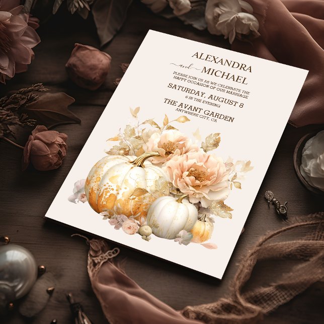 Autumn White Gold Glitter Pumpkin Wedding Invitation (Creator Uploaded)
