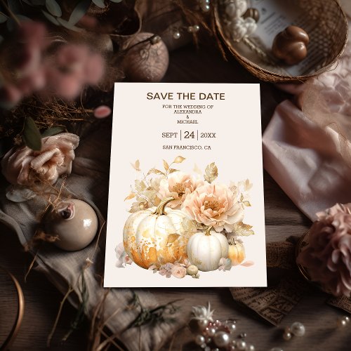 Autumn White Gold Glitter Pumpkin Wedding Save The Date