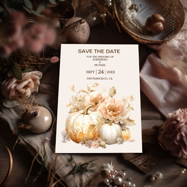 Autumn White Gold Glitter Pumpkin Wedding Save The Date (Creator Uploaded)