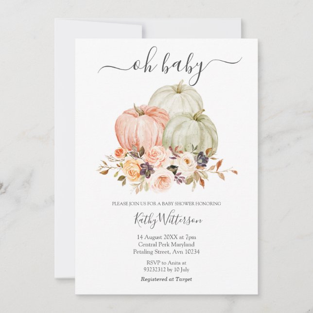 Autumn White Pumpkin Floral Baby Shower Invitation (Front)