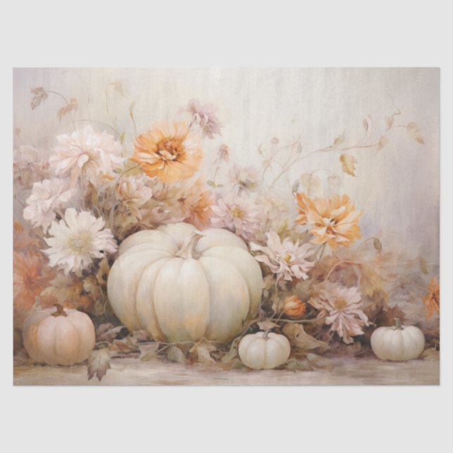 Autumn White Pumpkins Florals Decoupage Tissue Paper (Front)