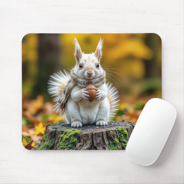 Autumn White Squirrel On a Tree Stump Mouse Pad (With Mouse)