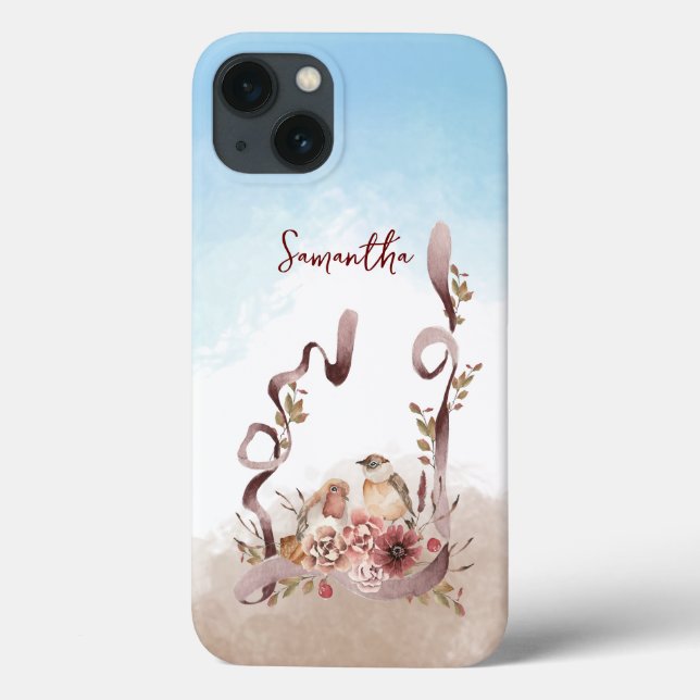 Autumn Wild Flowers Birds Personalized Name Case-Mate iPhone Case (Back)
