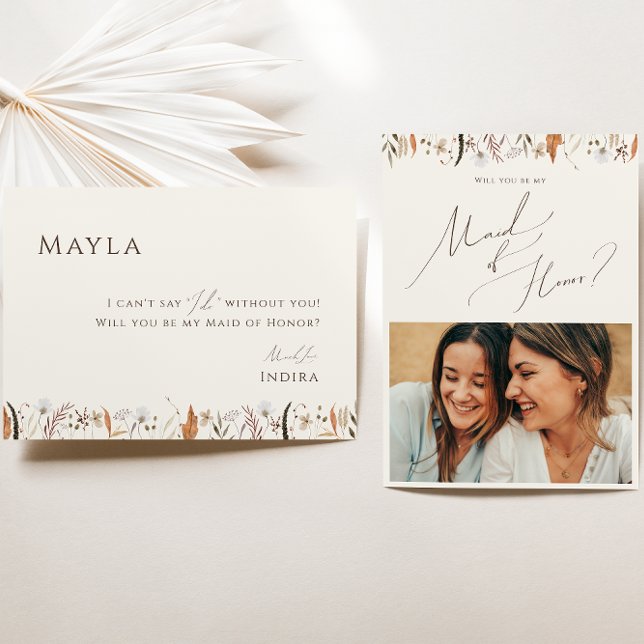 Autumn Wildflower Beige Photo Maid of Honor Card (Creator Uploaded)