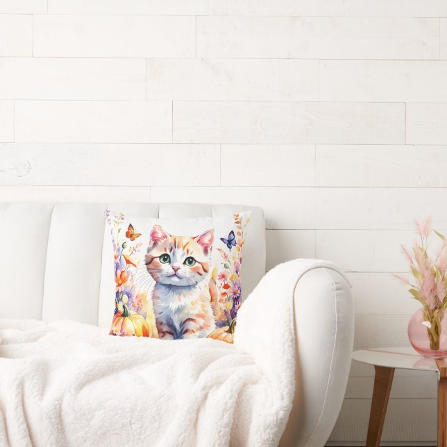Autumn wildflower composition, with kitten throw pillow (Couch)