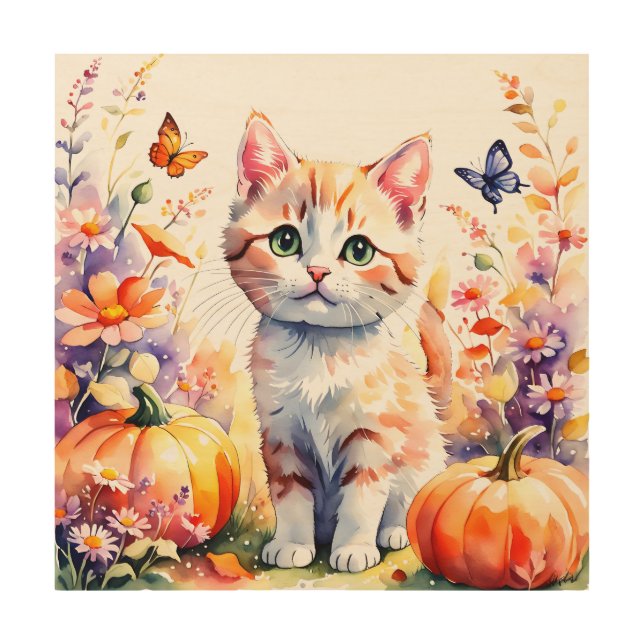 Autumn wildflower composition, with kitten wood wall art (Front)