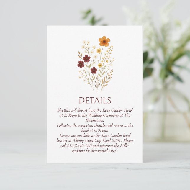 Autumn Wildflower Elegant Boho Wedding Details Enclosure Card (Standing Front)
