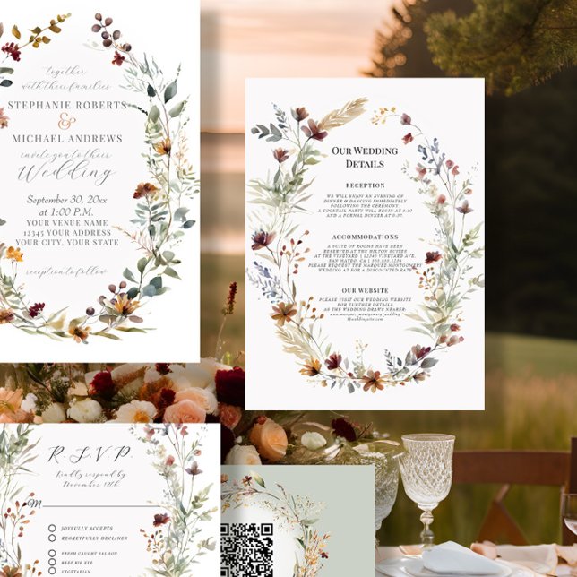 Autumn Wildflower Floral Wreath Wedding Details Invitation (Creator Uploaded)