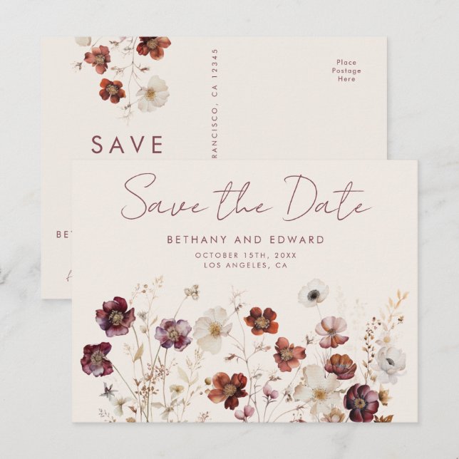 Autumn Wildflower Meadow Wedding Save the Date Postcard (Front/Back)