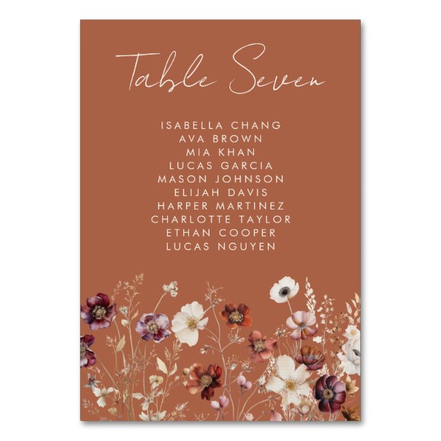 Autumn Wildflower Meadow Wedding  Table Number (Front)