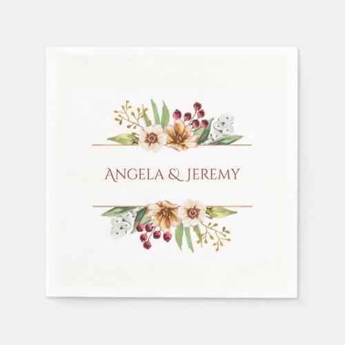 Autumn Wildflower Watercolor Wedding Red Paper Napkins