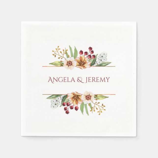 Autumn Wildflower Watercolor Wedding Red Paper Napkins (Front)