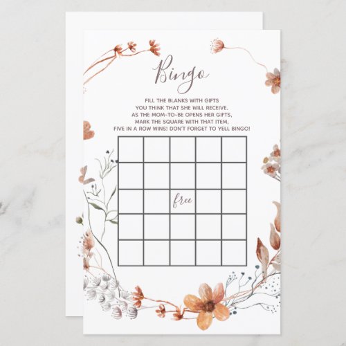 Autumn Wildflowers baby shower Bingo Game