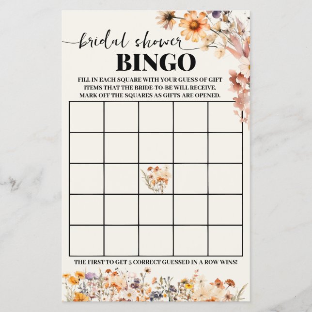 Autumn Wildflowers Bridal Shower Bingo Game Card Flyer (Front)