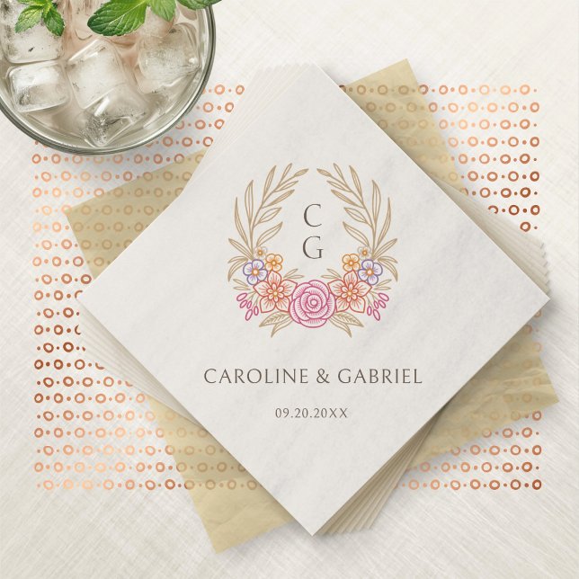 Autumn Wildflowers Crest Wreath Monogram Wedding Napkins (Creator Uploaded)