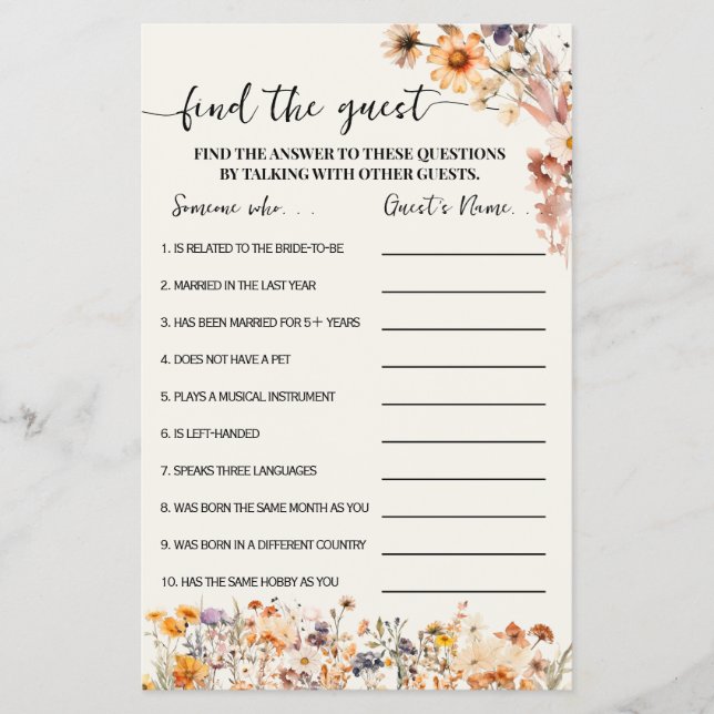 Autumn Wildflowers Find the Guest Shower Game Card Flyer (Front)