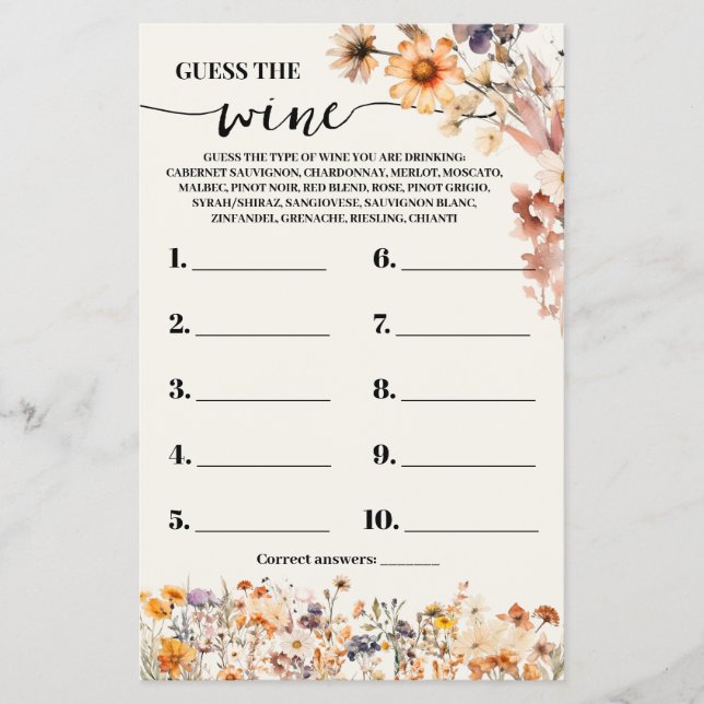 Autumn Wildflowers Guess the Wine Shower Game Card Flyer (Front)