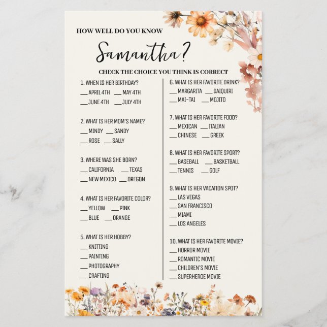 Autumn Wildflowers How Well Do You Know Bride Game Flyer (Front)