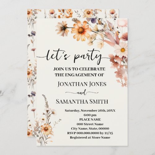 Autumn Wildflowers Lets Party Boho Engagement Invitation