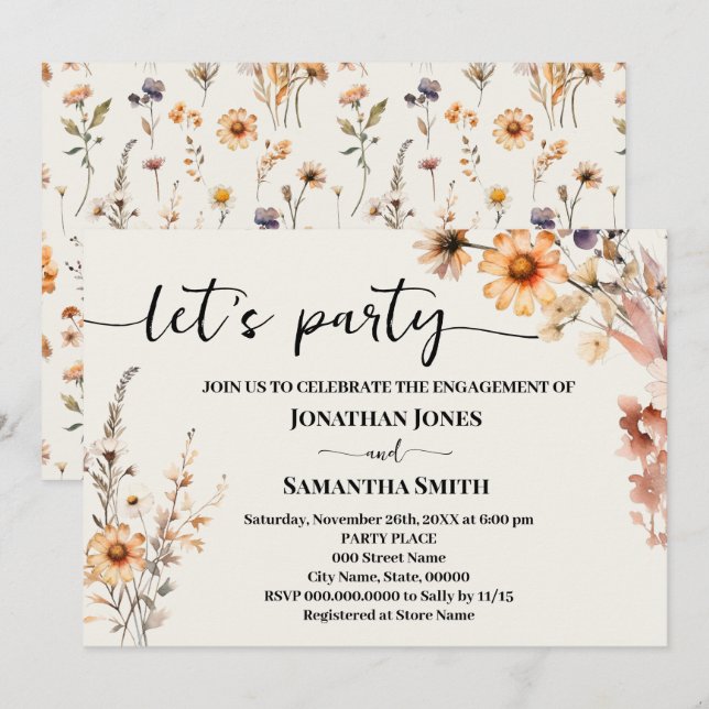 Autumn Wildflowers Let's Party Engagement Wedding Invitation (Front/Back)